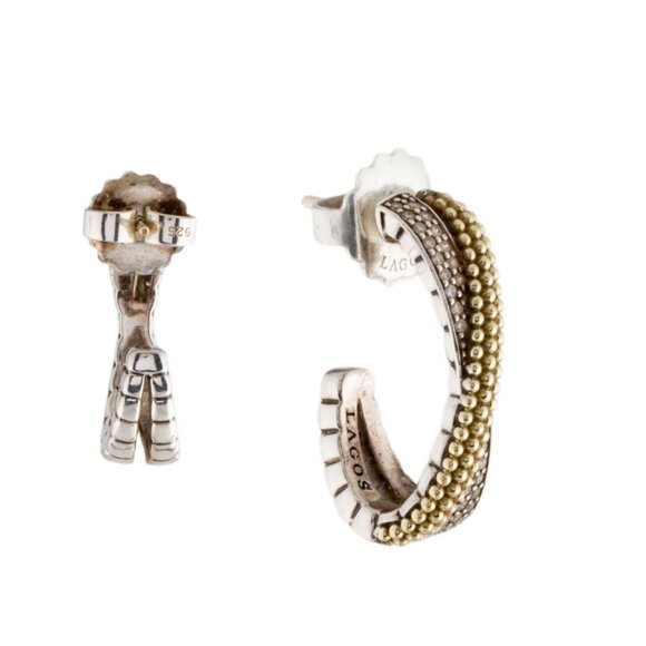 LAGOS TWO-TONE 14K YELLOW GOLD & STERLING SILVER CAVIAR X DIAMOND HOOP EARRINGS - Picture 5 of 6